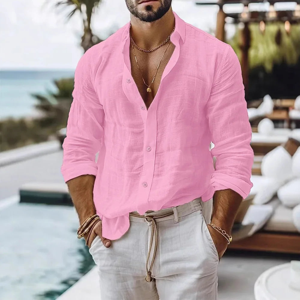 Cotton Linen Shirt for Men Single Breasted Breathable Lightweight