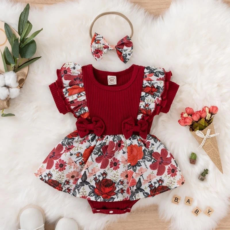 Floral Cotton Baby Girl Dress With Bowknot Jumpsuit Outfit