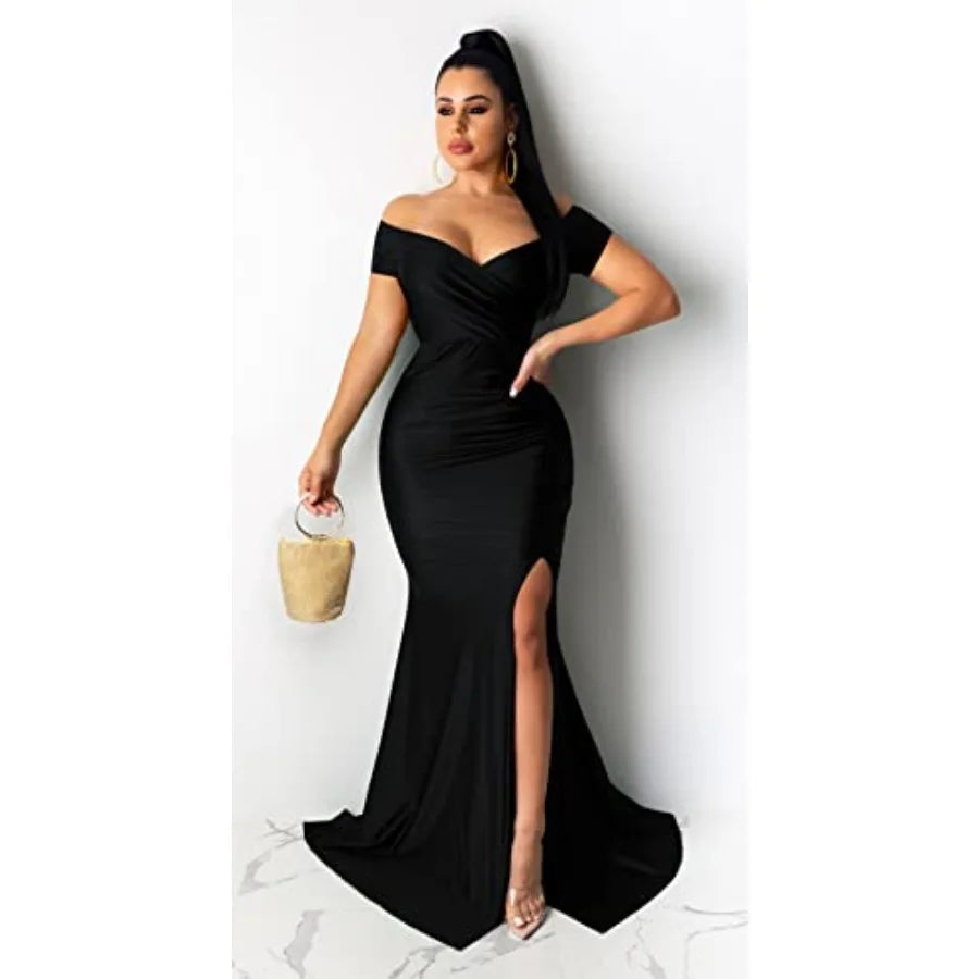 Elegant Women's Off Shoulder Prom Dress Lace V Neck Wrap