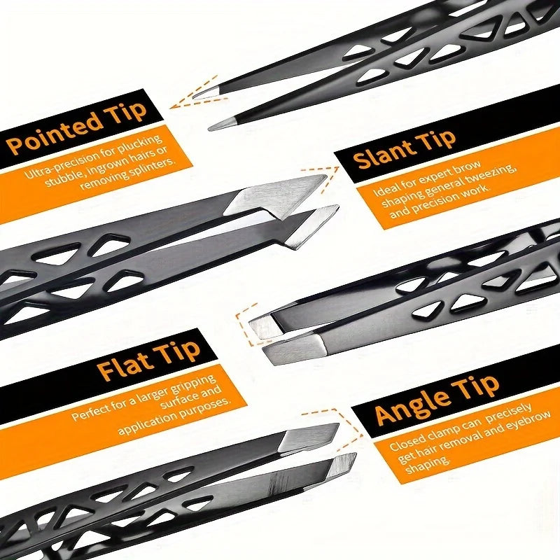 Ouriner Stainless Steel Eyebrow Tweezer Set Slant Pointed Flat Angled