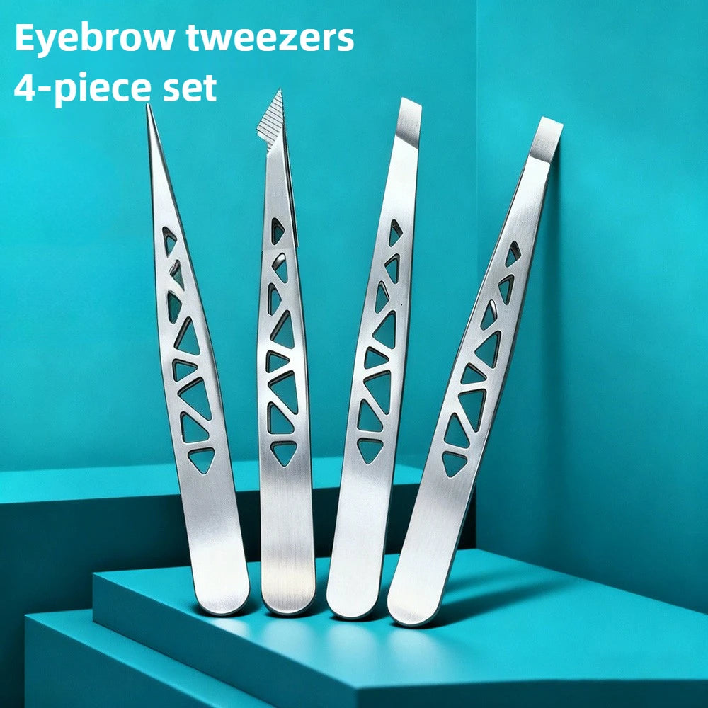 Ouriner Stainless Steel Eyebrow Tweezer Set Slant Pointed Flat Angled