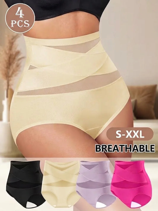 Women High Waist Tummy Control Panties, Cross Mesh Seamless Shapewear Briefs, Soft Breathable Nylon Underwear for Women, 4‑Pack Multipack, S‑XXL