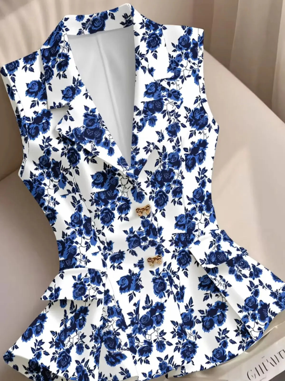 Women Notched Lapel Sleeveless Floral Print Peplum Blazer Vest Top Casual Office Business Fashion Shirt