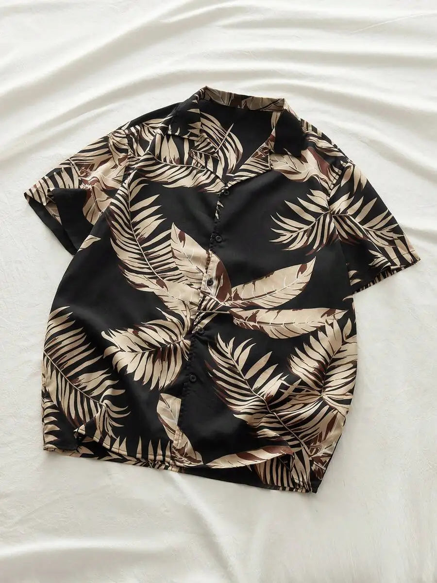 Men's Woven Casual Shirt With Leaf Pattern For Summer