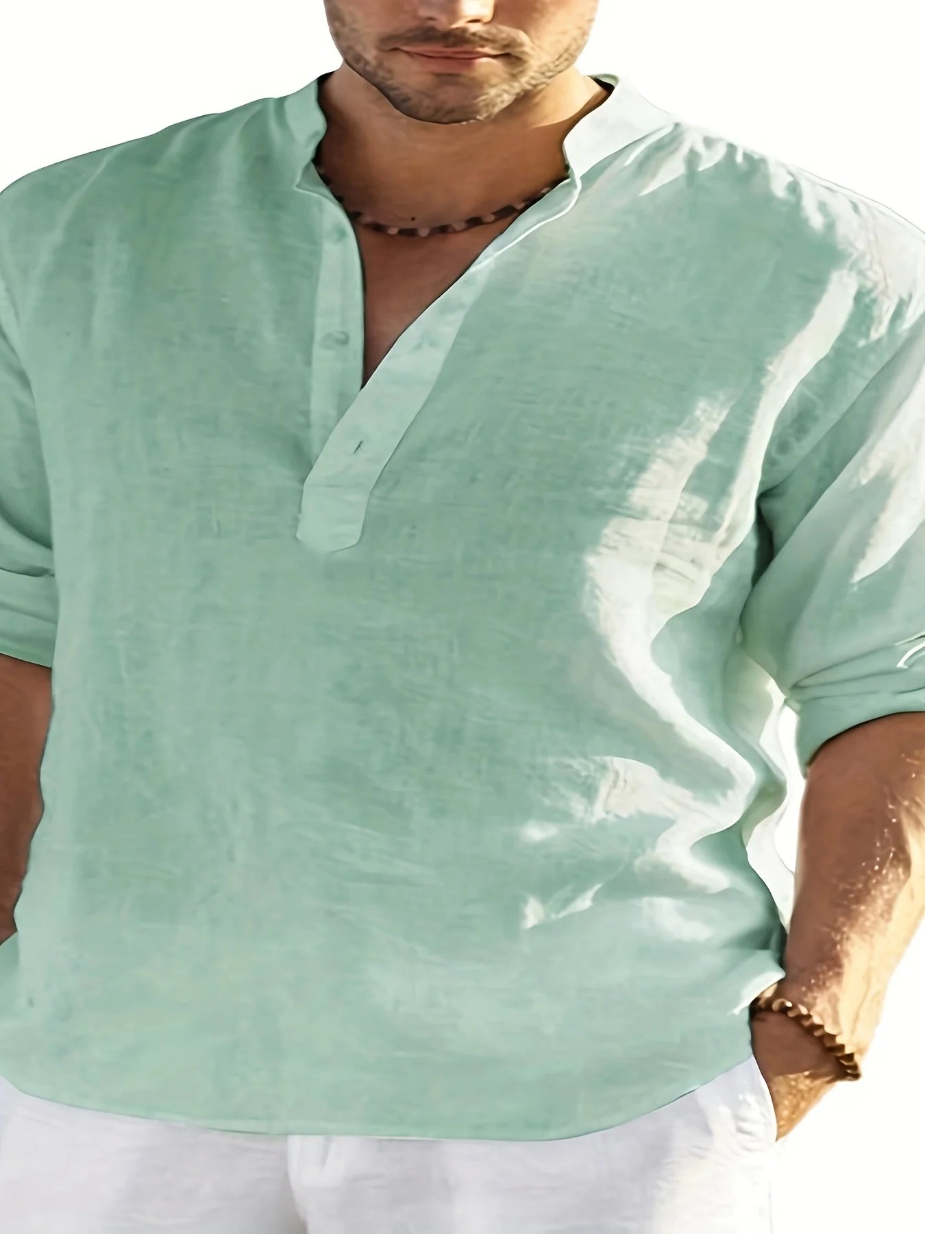 Men's Stand Collar Cotton Long Sleeve Shirt Loose Fit