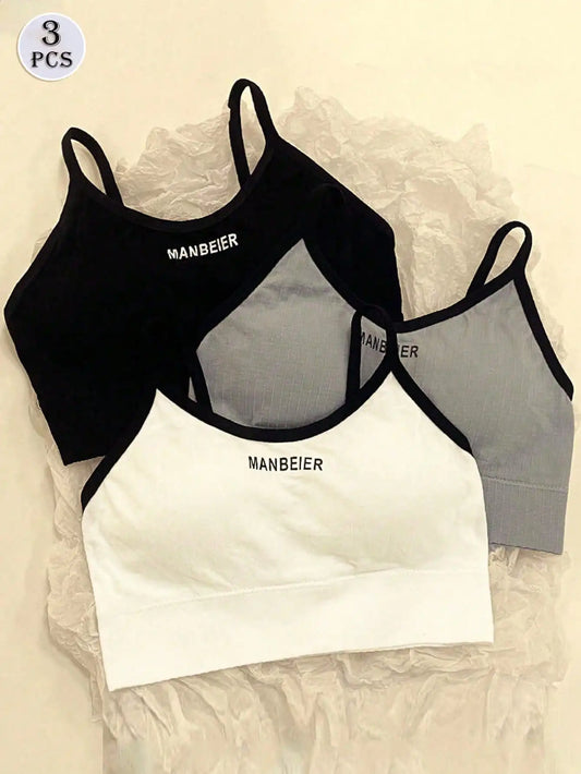 3-Pack Yoga Women's Underwear Bras, with Bra Pads, no Underwire, Letter-Printed, Sports Base