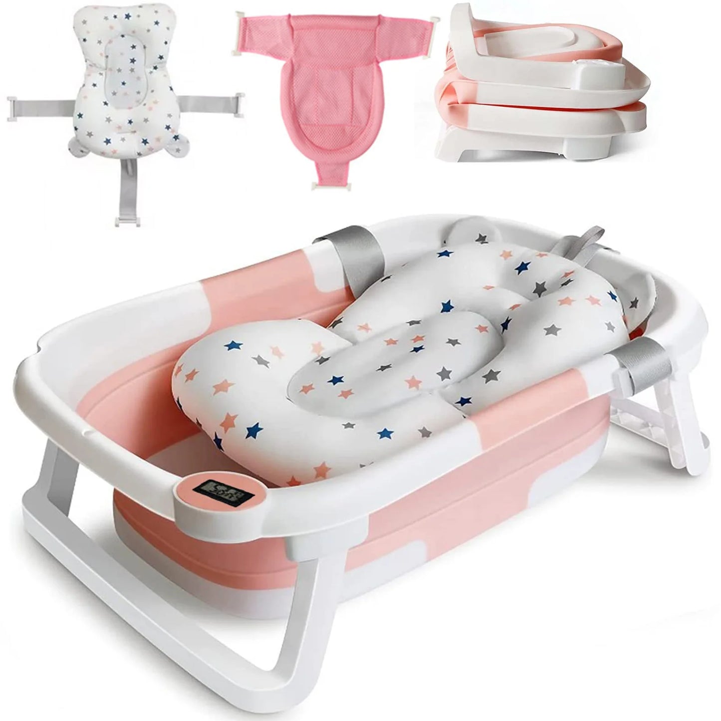 Foldable Baby Bath Tub With Cushion And Thermometer Non Slip