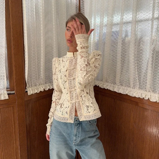 Elegant Embroidery Puff Sleeve White Shirts Summer Sexy Hollow Out Lace Blouse Casual Sand Collar Top 2025 Vintage Shirts