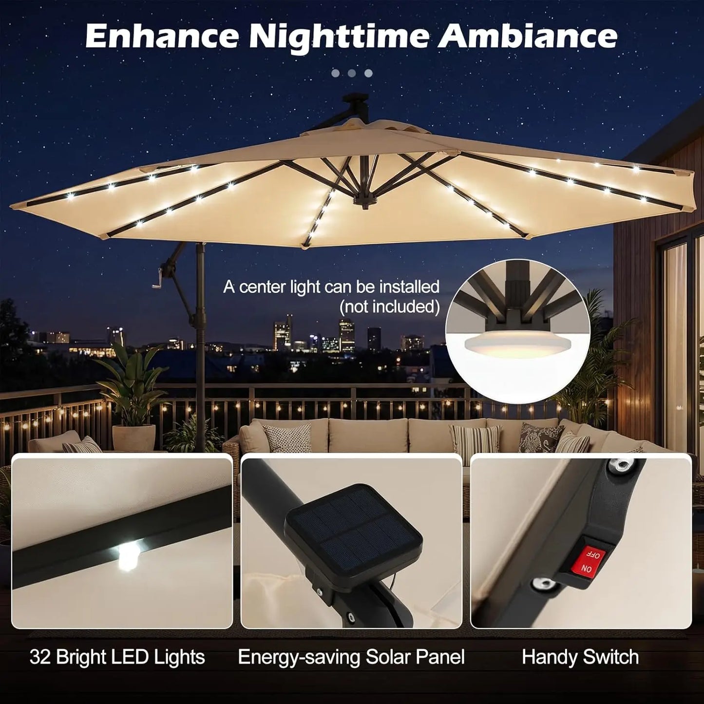 Solar Patio Cantilever Umbrella With Base And 32 LED Lights