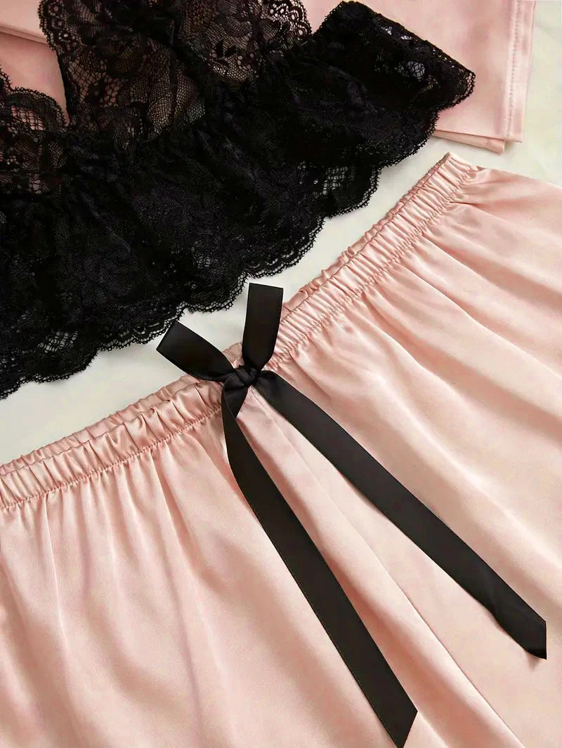 Women Satin Sleepwear Pajama Set With Lace Bath Robe