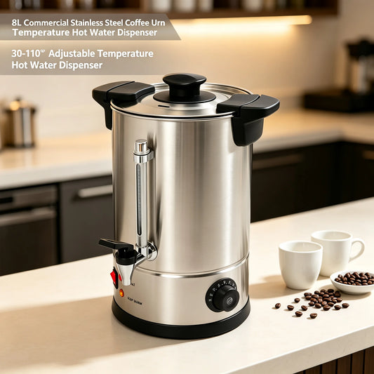 Commercial Coffee Urn 8L/2.11Gal, Stainless Steel Hot Water Dispenser with Adjustable Temperature 30-110°C, 950W Fast Boiling for Home Office Party, Silver/Black