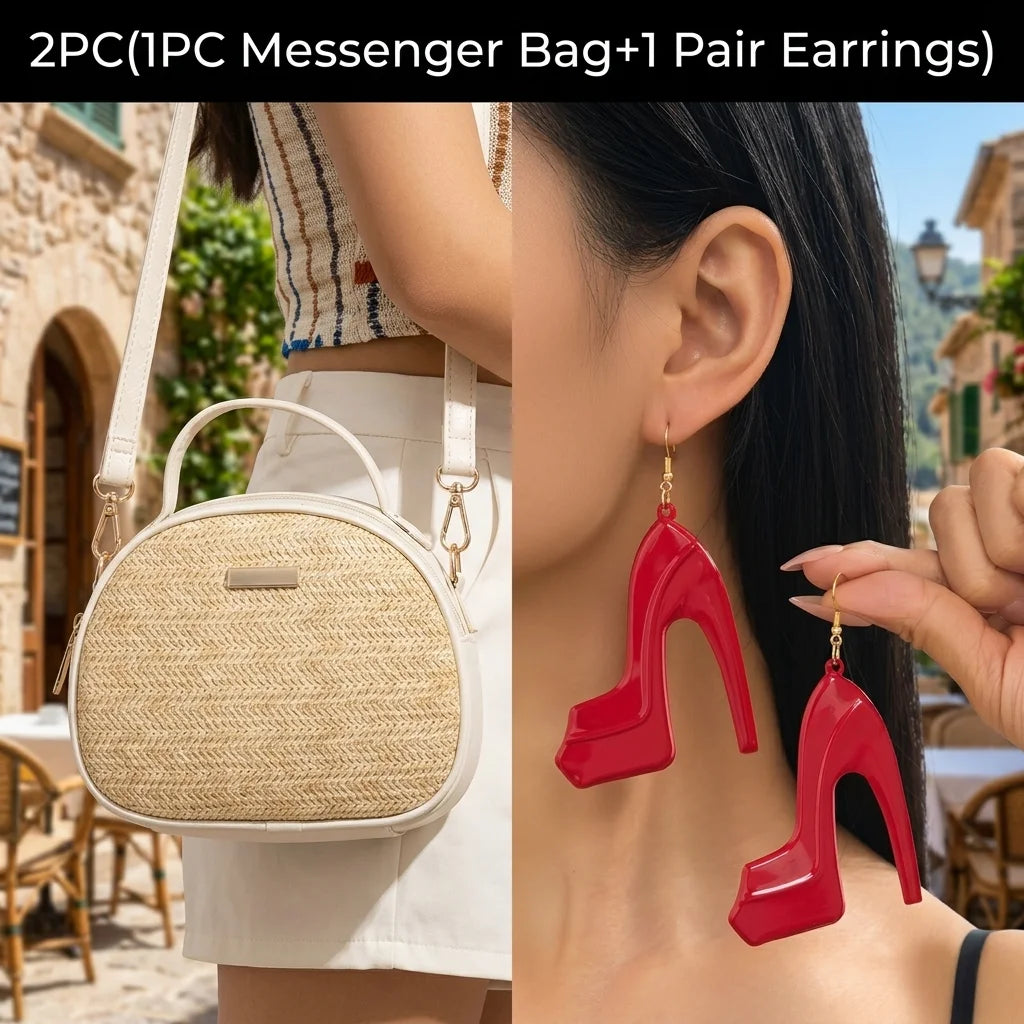 Women's Circular Woven Straw Crossbody Bag and Drop Earrings Set