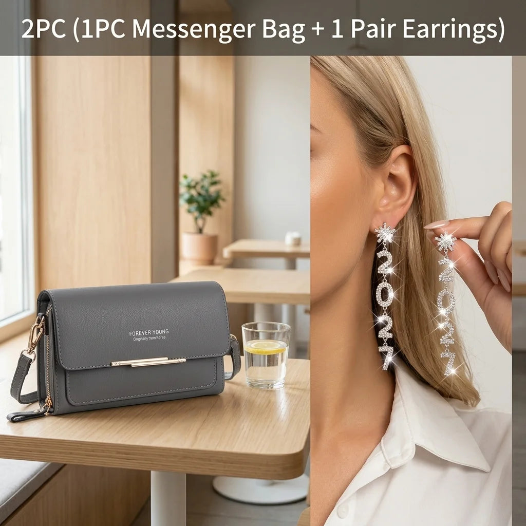 Womens Patent Leather Crossbody Bag with Rhinestone Drop Earrings Set