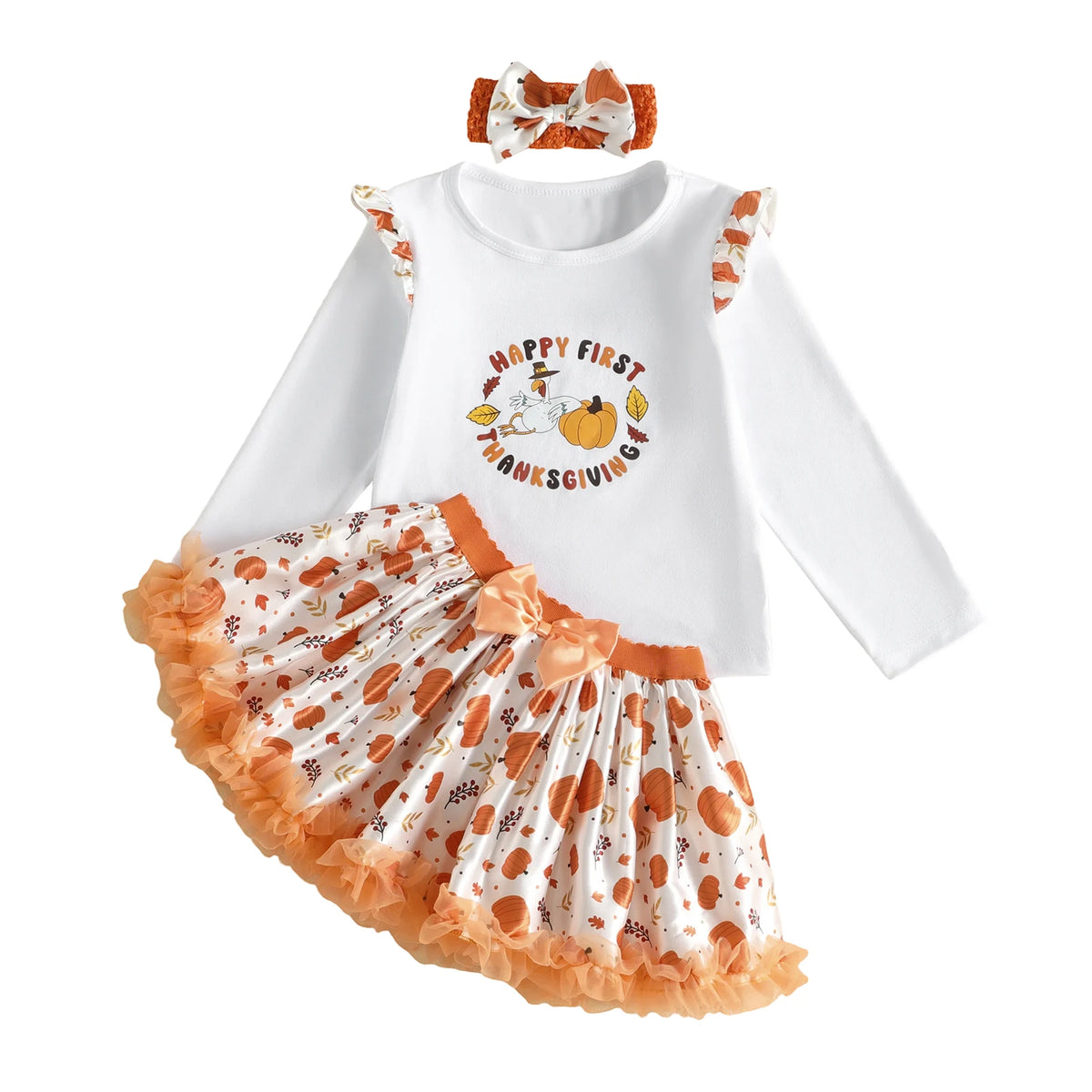 Toddler Girls Pumpkin Print Skirt And Long Sleeve Top Outfit