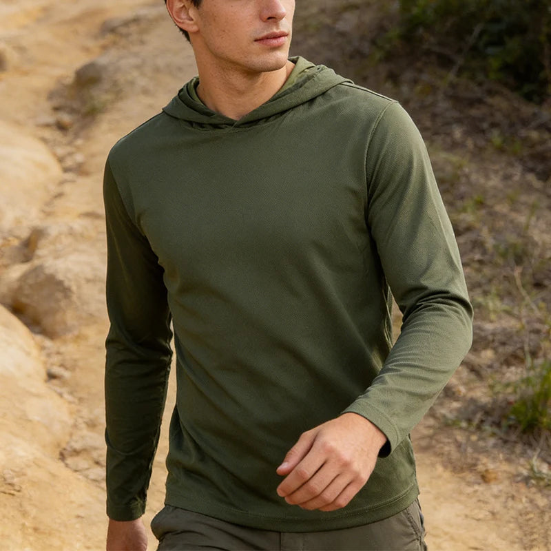 Mens Hooded Sports T Shirt Longsleeve Breathable Fitness Shirt