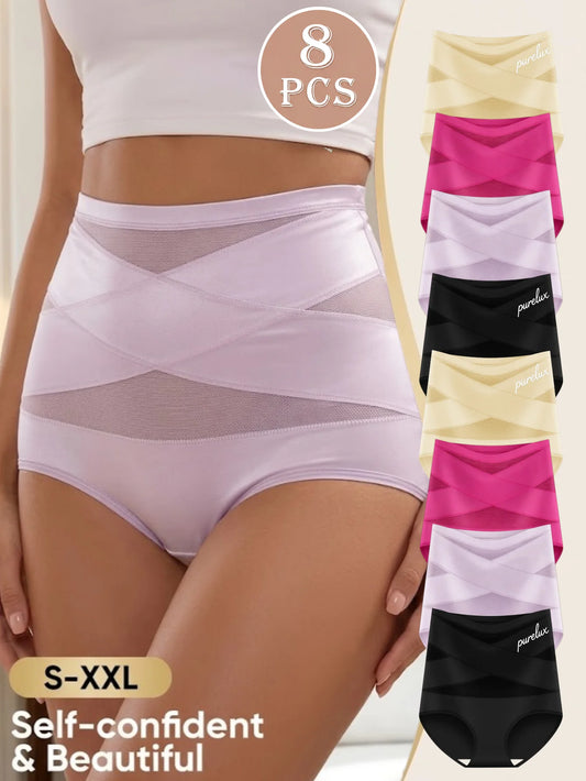 High Waist Seamless Women Brief Underwear 8 Pack Plus Size Gentle Tummy Control Waist Hip Shaping Close Fitting Shorts