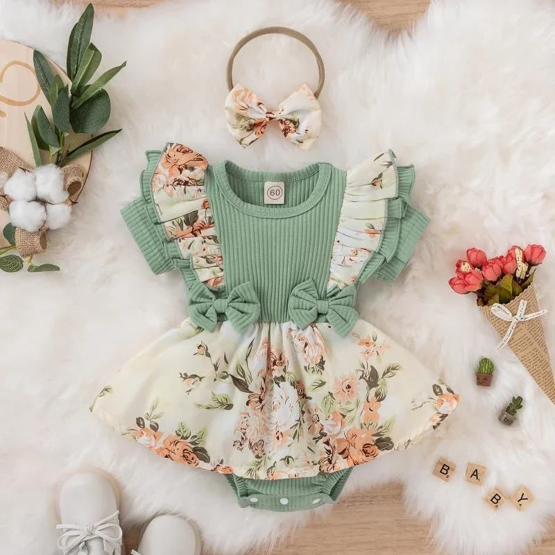 Floral Cotton Baby Girl Dress With Bowknot Jumpsuit Outfit