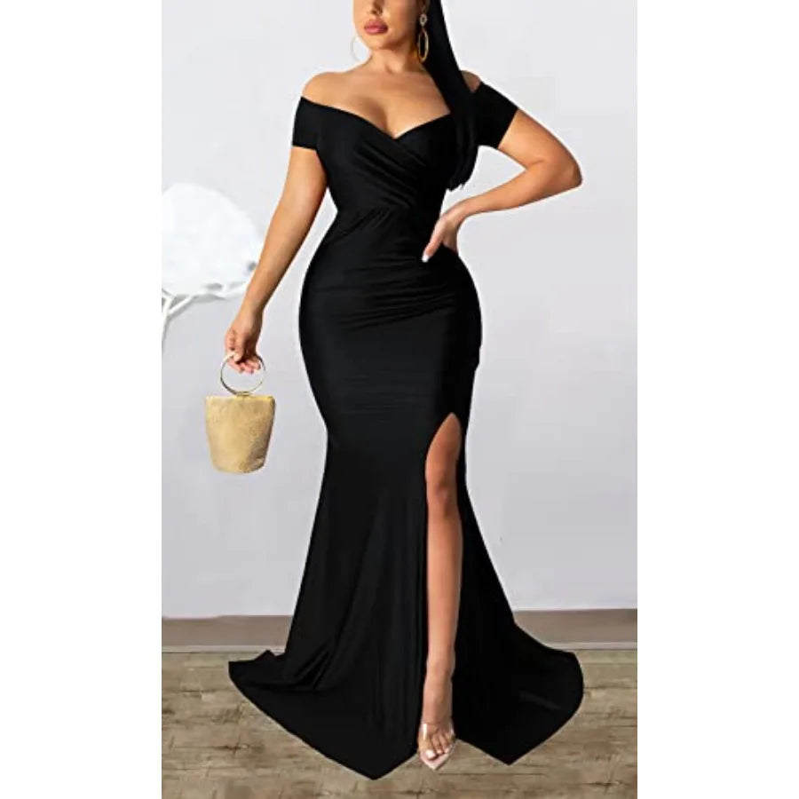 Elegant Women's Off Shoulder Prom Dress Lace V Neck Wrap