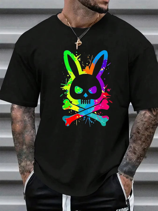 Men's Pure Cotton Skull and Rabbit Print Round Neck Tee