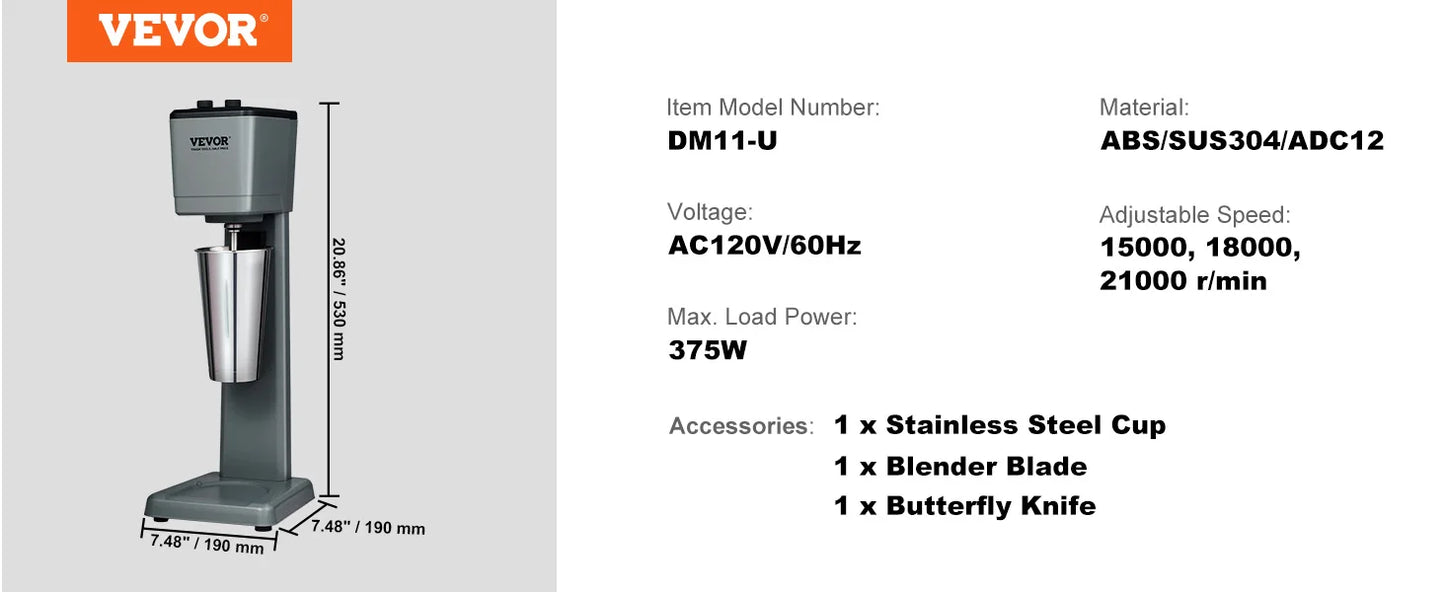 VEVOR Milkshake Maker 3-Speed Double-Head Stainless Steel Blender