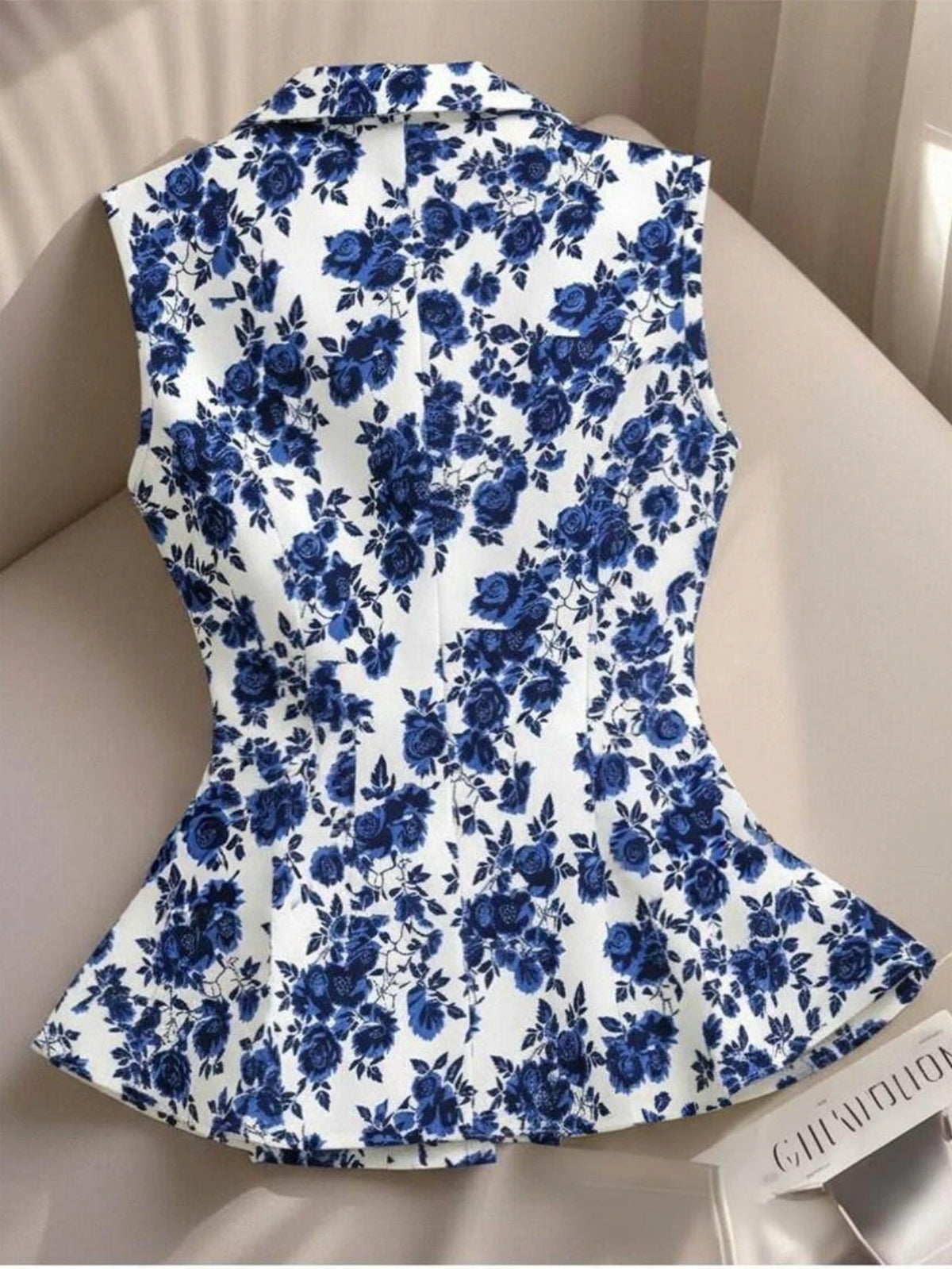 Women Notched Lapel Sleeveless Floral Print Peplum Blazer Vest Top Casual Office Business Fashion Shirt