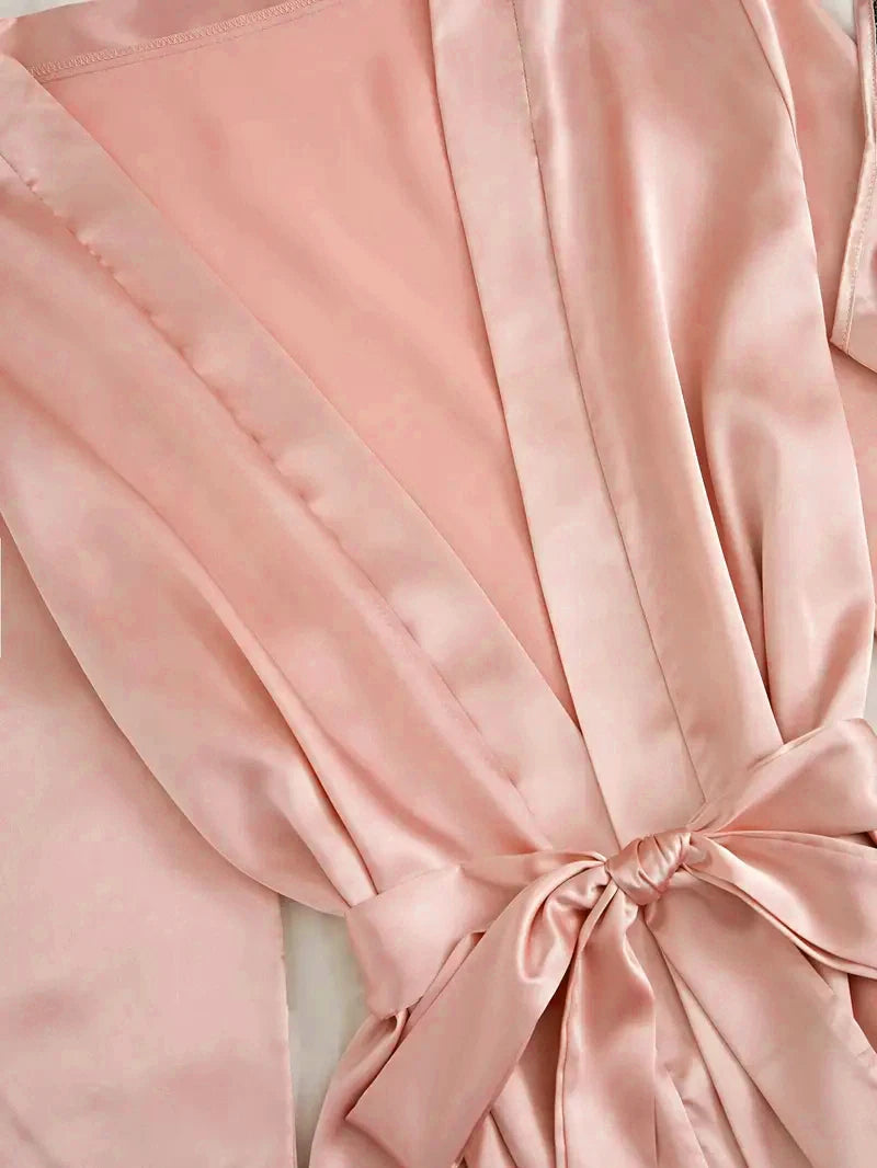 Women Satin Sleepwear Pajama Set With Lace Bath Robe