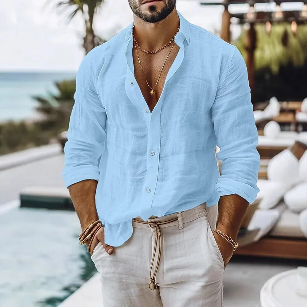 Cotton Linen Shirt for Men Single Breasted Breathable Lightweight