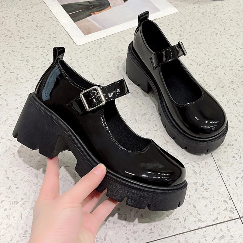 Mary Jane Platform Pumps With Buckle Patent Leather Lolita Style
