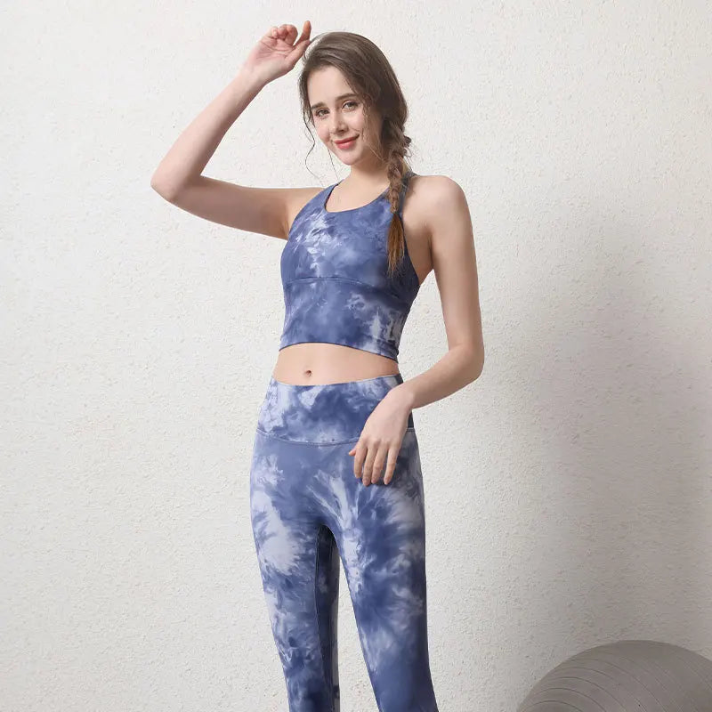 Women's High-Waist Seamless Yoga Set Leggings With Tie-Dye Bra