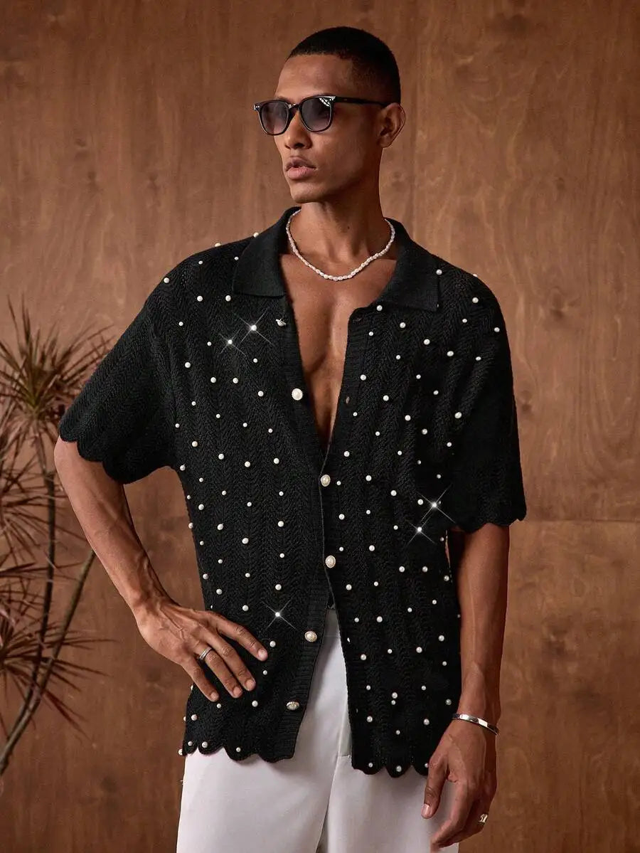 Mens Knit Pearl Decor Batik Shirt Casual Short Sleeve