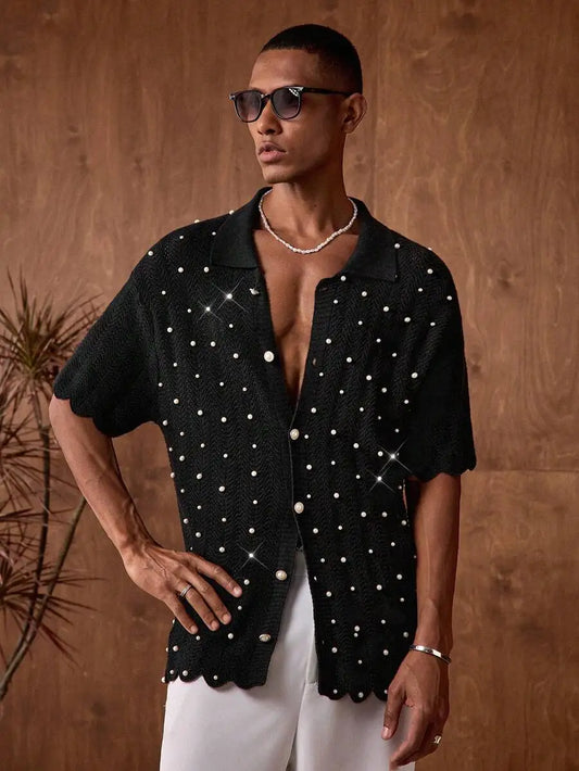 Mens Knit Pearl Decor Batik Shirt Casual Short Sleeve
