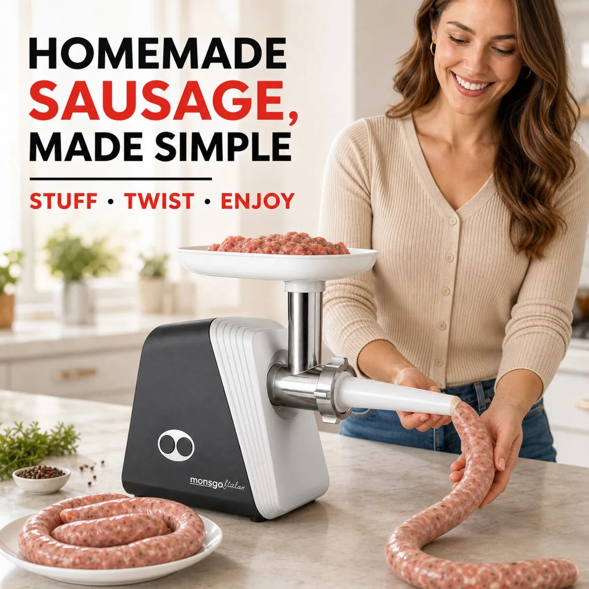 Erabros Electric Meat Grinder With Sausage Stuffer And Reverse Function