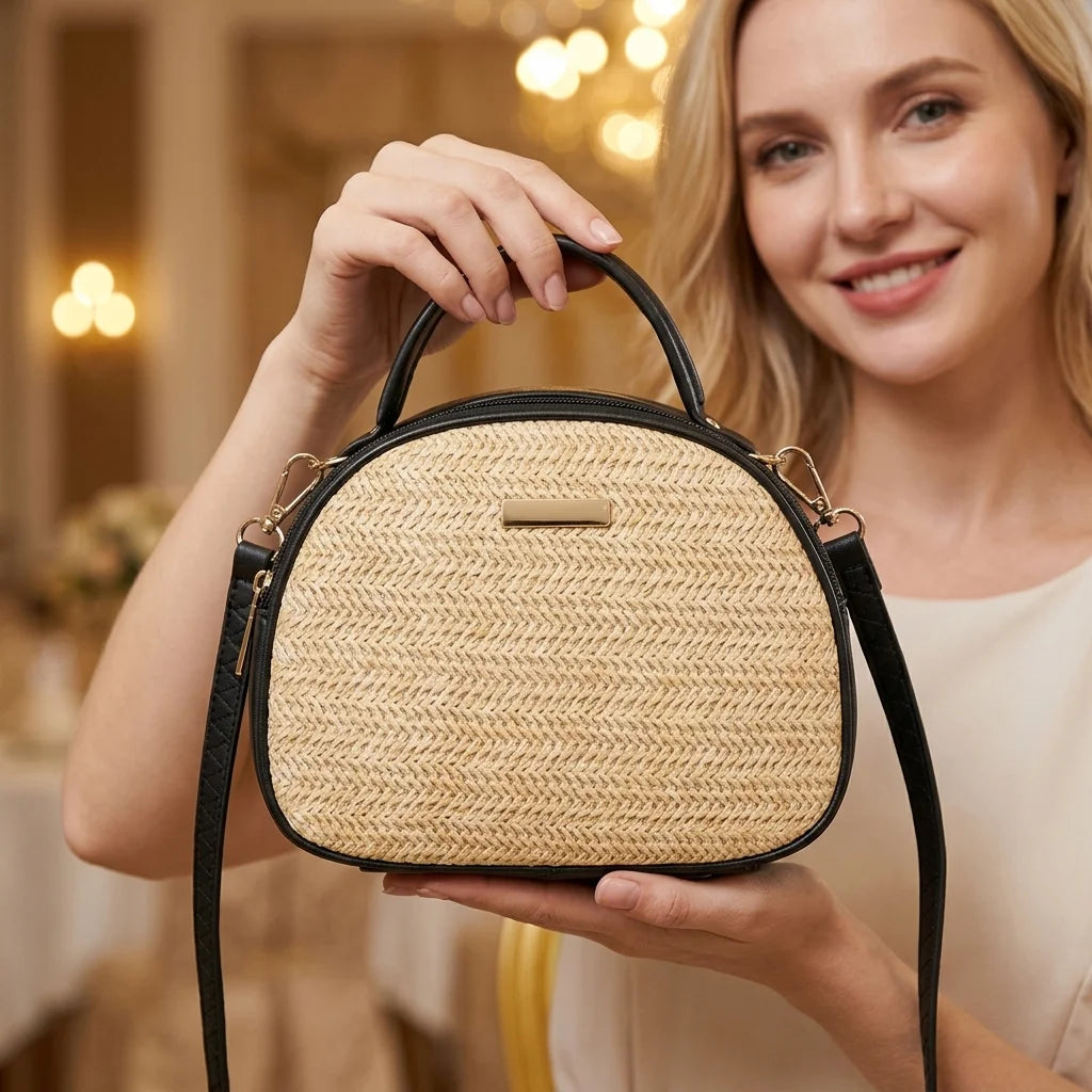 Women's Circular Woven Straw Crossbody Bag and Drop Earrings Set
