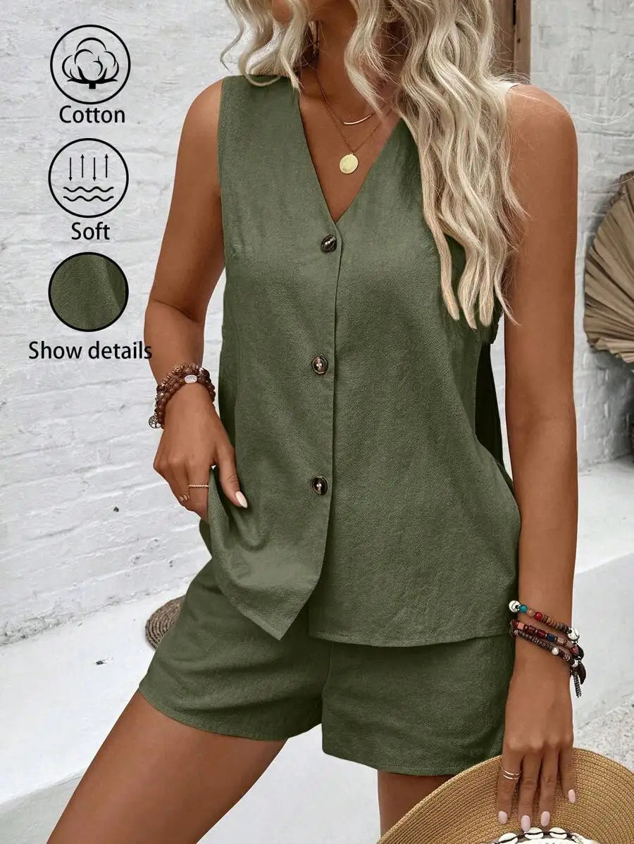 Women Sleeveless V-Neck Hollow Button Blouse and Casual Shorts Set
