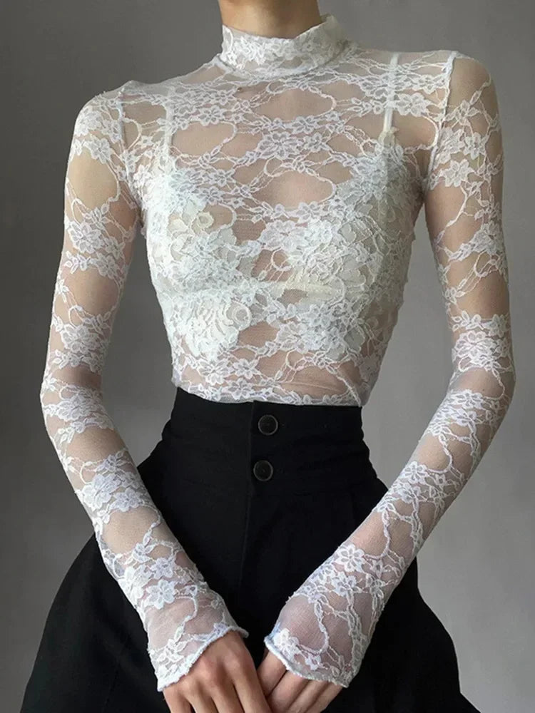 TDFunlive Sexy Lace Blouse See Through Patchwork Long Sleeve