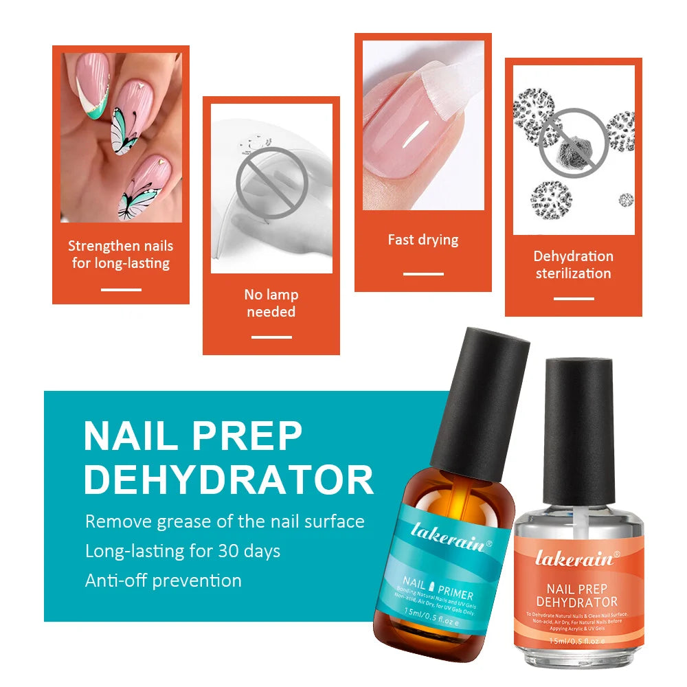 Nail Primer Set Fast Dry Prep Dehydrator Clean & Extend Nails 2 IN 1 Acid-free Formula Odorless Non-toxic Nail Art Essentials Kit