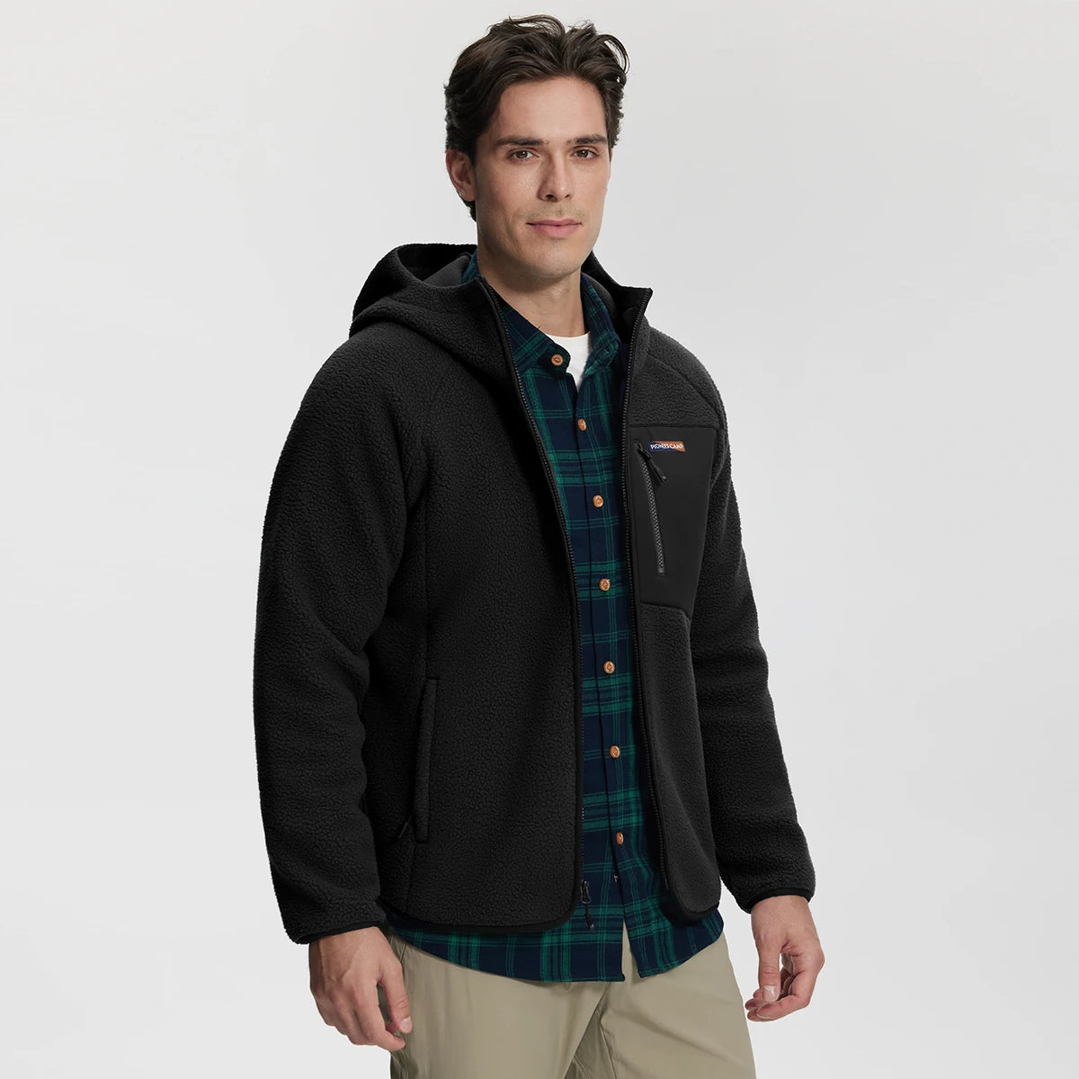 Pioneer Camp Polar Fleece Warm Jacket Men's Winter Hood Chest Pocket Winter Warm Clothing Thick Outwear Coat Hiking Climbing