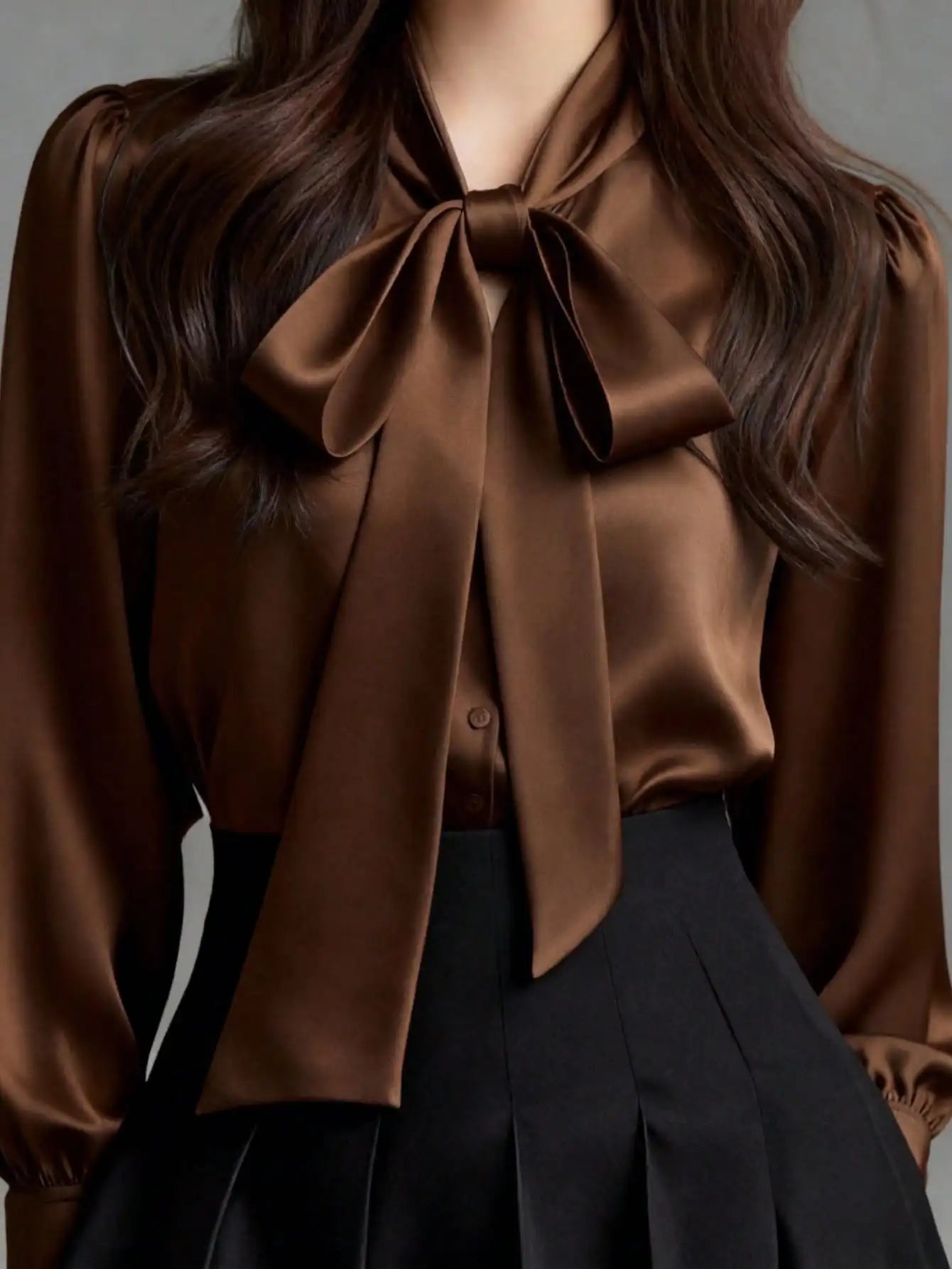 Satin Bow Collar Long Sleeve Blouse For Office Casual