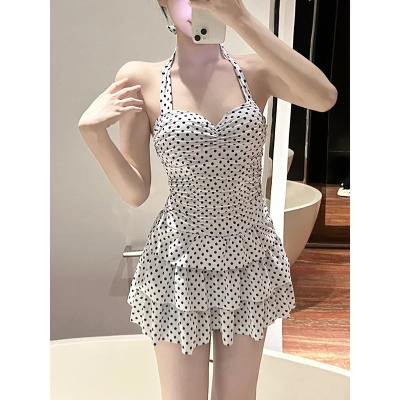 Retro Polka Dot One Piece Swimsuit Backless Thermal Spring Sweet Skirt Belly Covering Slimming New Model Swimwear for Women