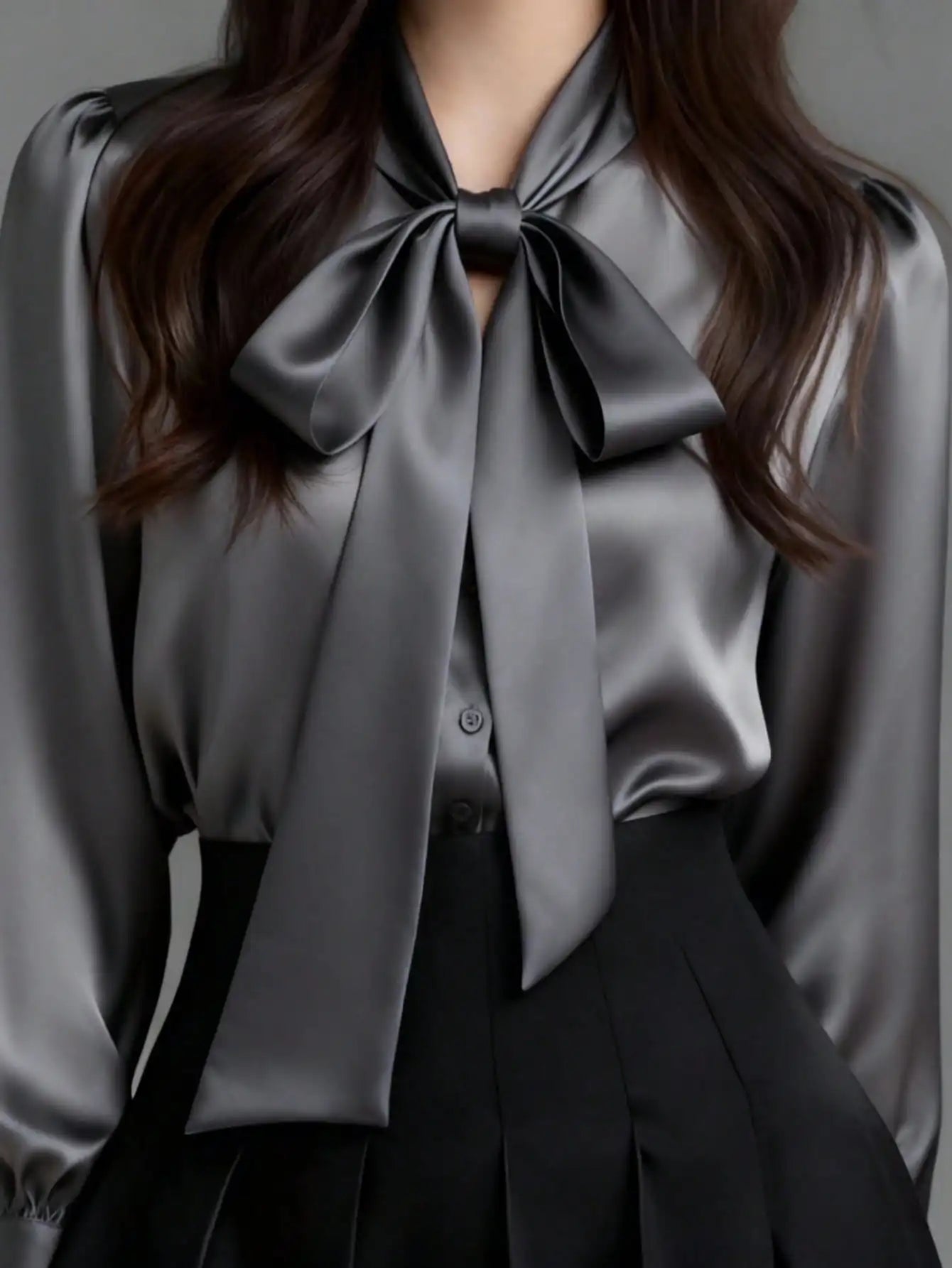 Satin Bow Collar Long Sleeve Blouse For Office Casual