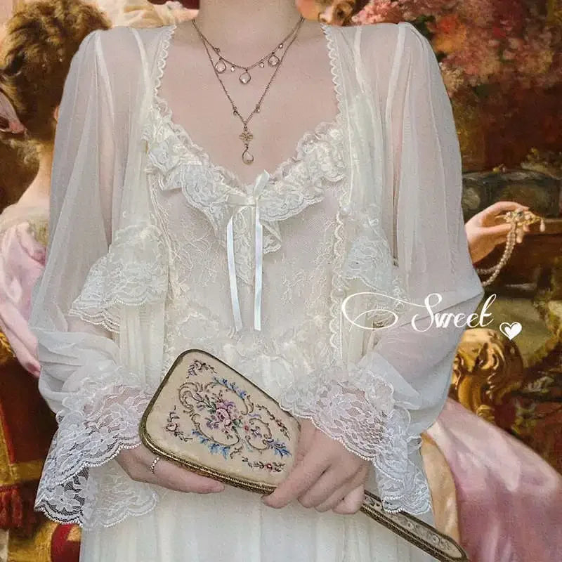 Vintage Princess Style Tulle Mesh Women's Nightgown With Ruffles