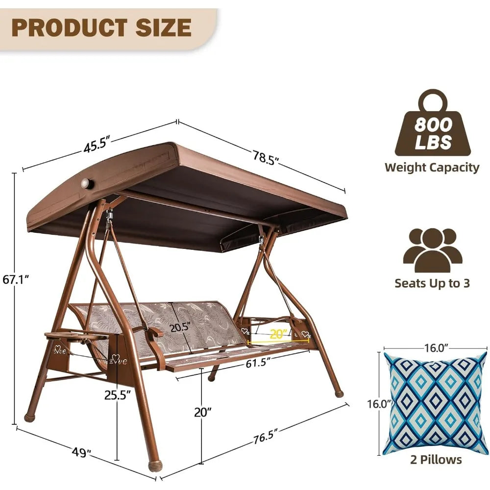 General 3 Person Patio Swing With Adjustable Canopy Cup Holders