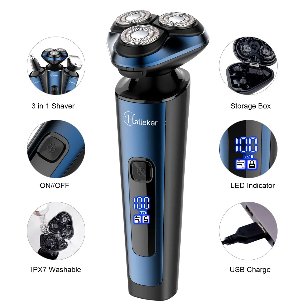 Hatteker 3-In-1 Smart Shaver For Men Digital Display Beard Trimmer