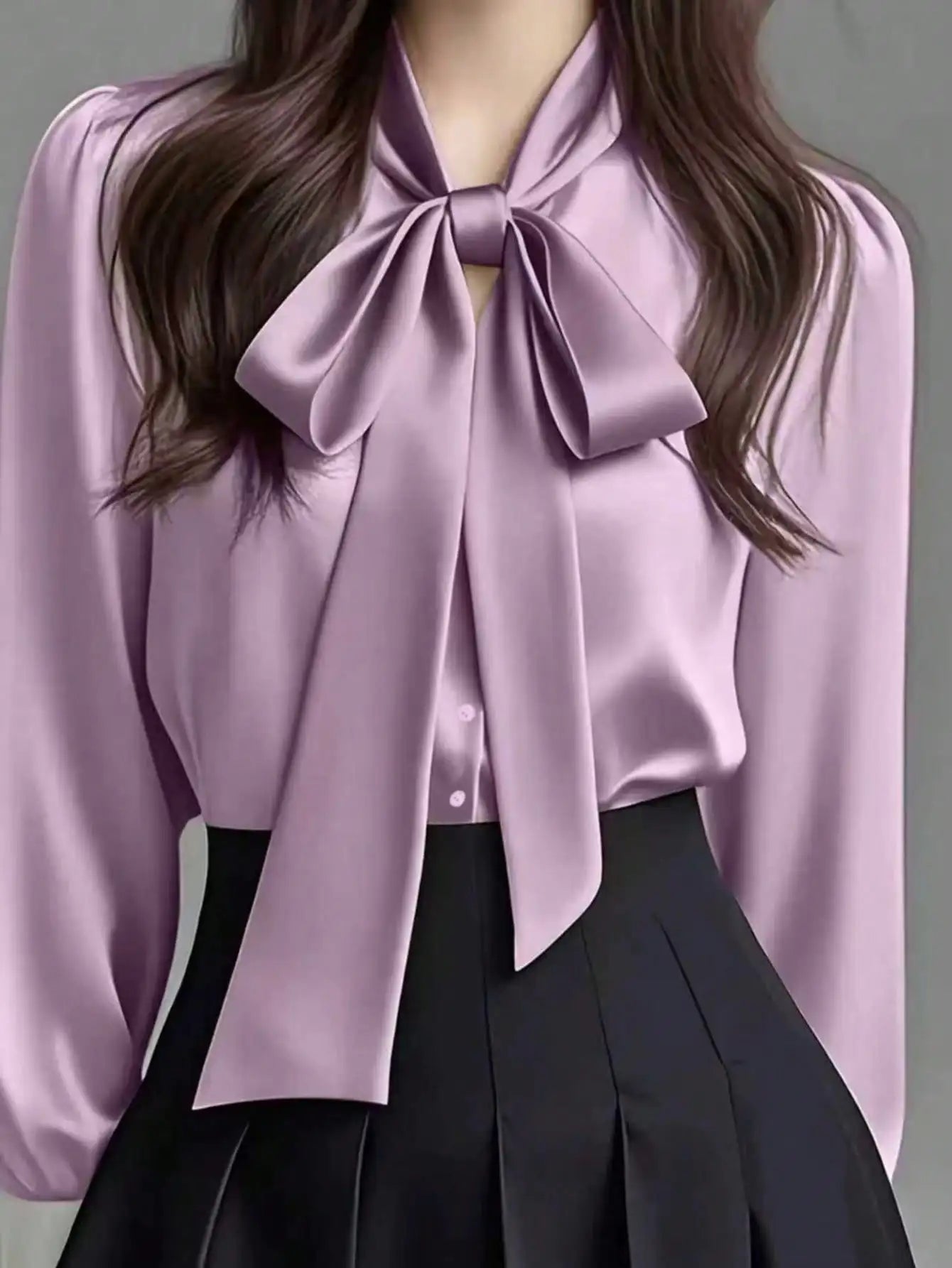Satin Bow Collar Long Sleeve Blouse For Office Casual