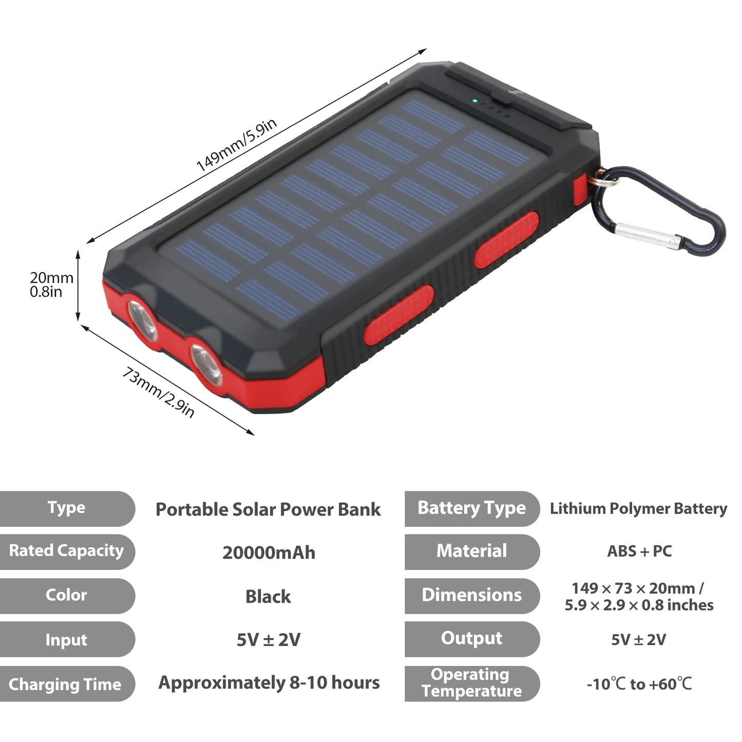 20000mAh Solar Charger Waterproof Portable Power Bank With Dual USB Ports LED Light For Outdoor Camping