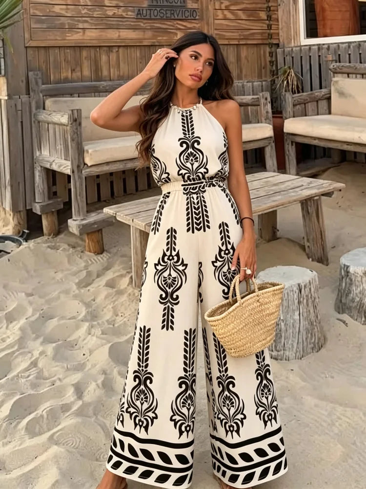 Womens Bohemian Polyester Jumpsuit Ethnic Print Loose Fit