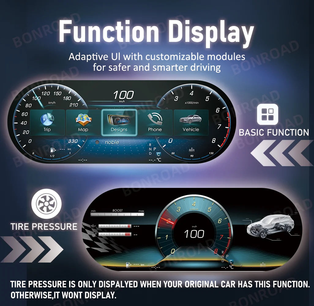 BONROAD 12.3‘’  LCD Digital Dashboard  Wireless CarPlay Android auto Panel Cluster Instrument For Mercedes Benz C CLASS GLC W205 Speedometer Virtuele Cockpit Voor