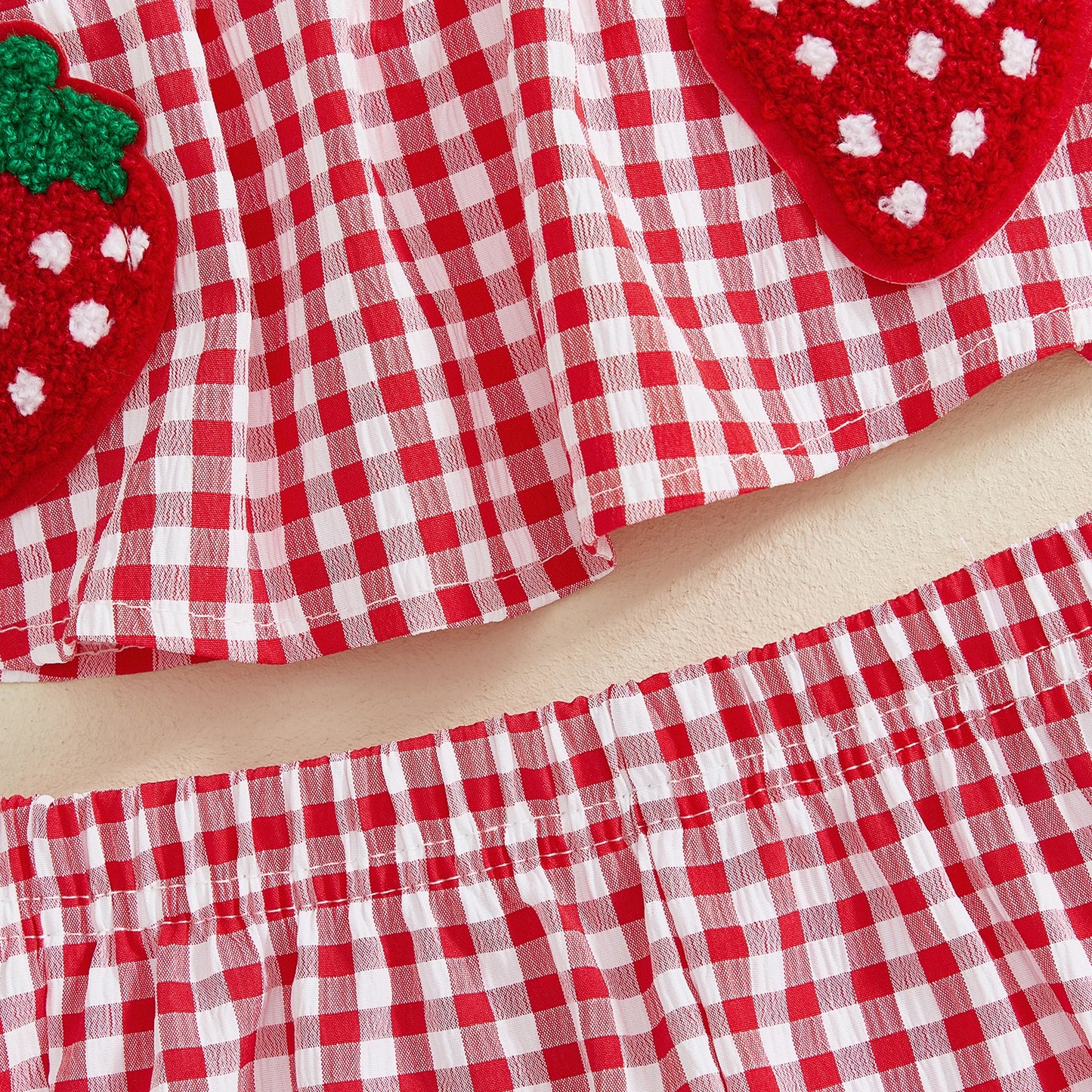 Summer Strawberry Embroidered Plaid Bow Trim Toddler Girl Outfit Set