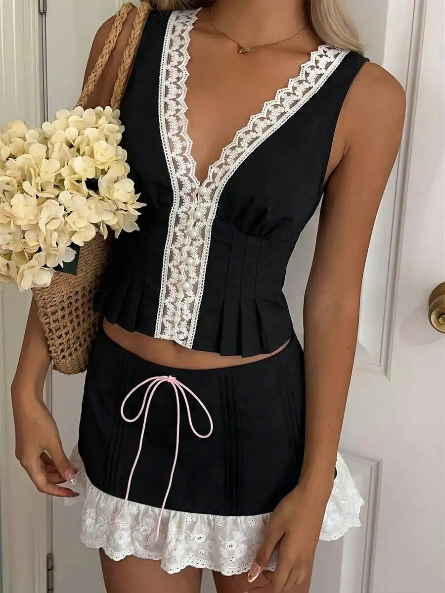 Women Lace V Neck Two Piece Set Sleeveless Top And Skirt