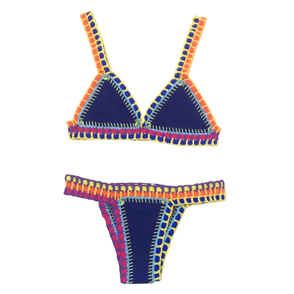 Women Sexy Handmade Bikinis Blue Swimwear Purplish Red Patchwork Swimsuit Black Crochet Elastic Bikini Set Knit Biquini